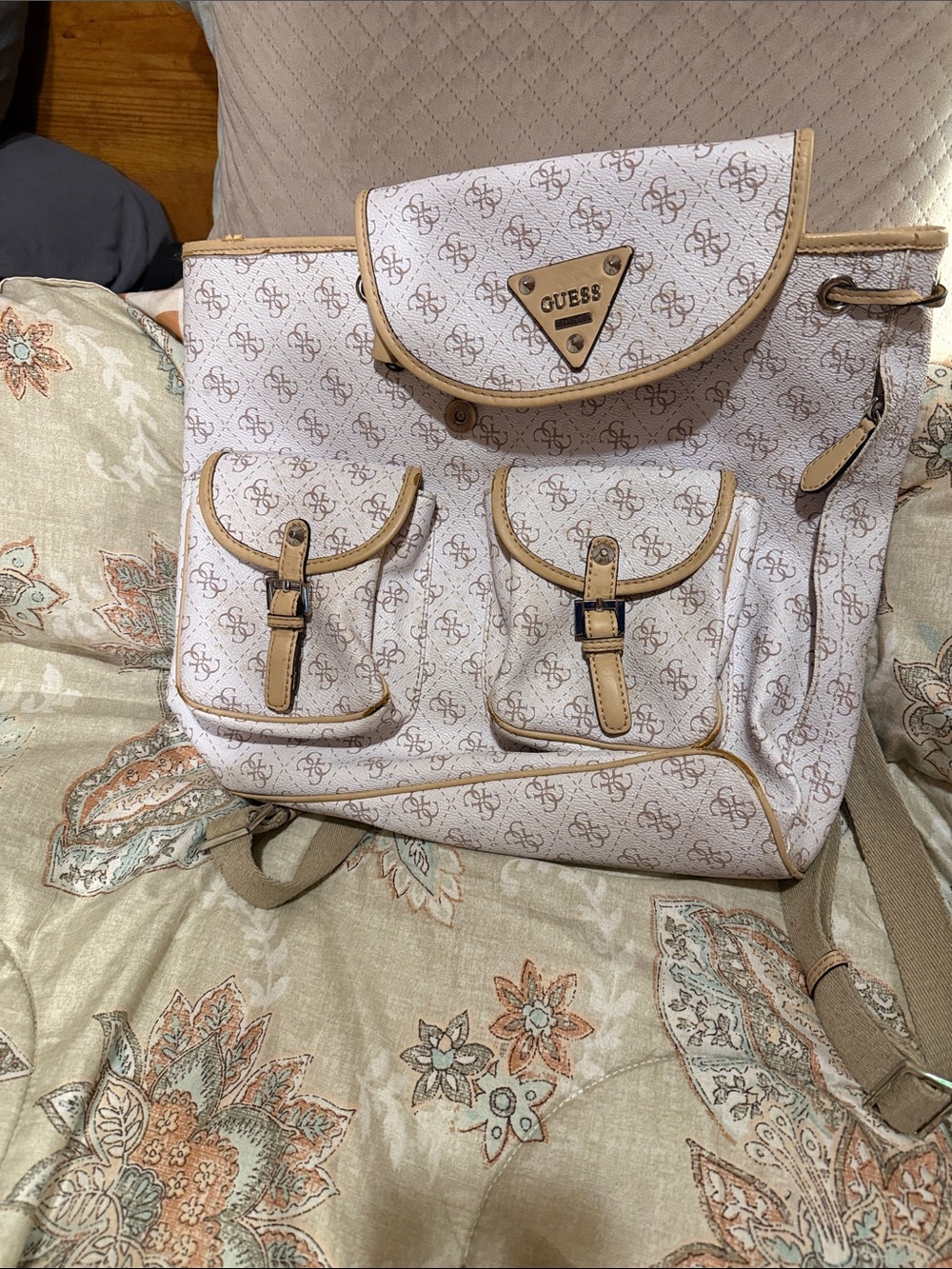 GUESS Cream Monogram Backpack with Tan Trim